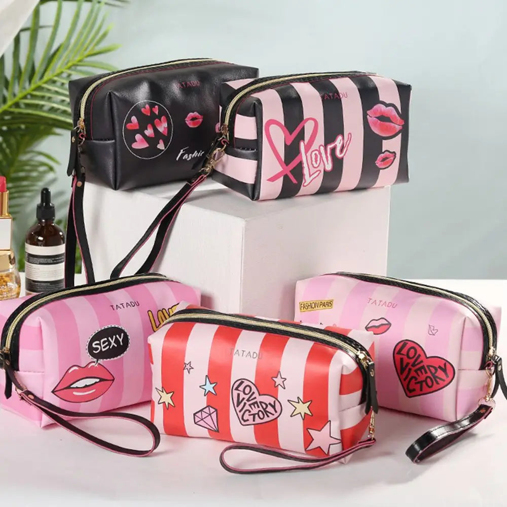 Women Handbag Love Heart Makeup Pouch Leather Cosmetic Bag