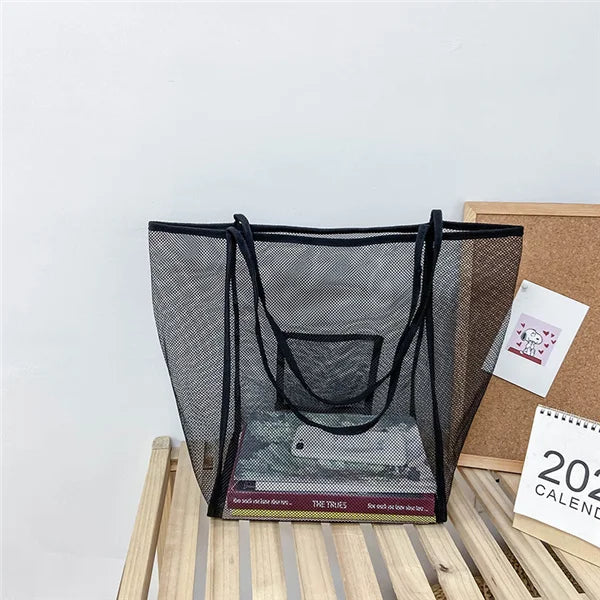 Mesh Shoulder Purse Large Capacity Beach Tote Bag with Long Handles