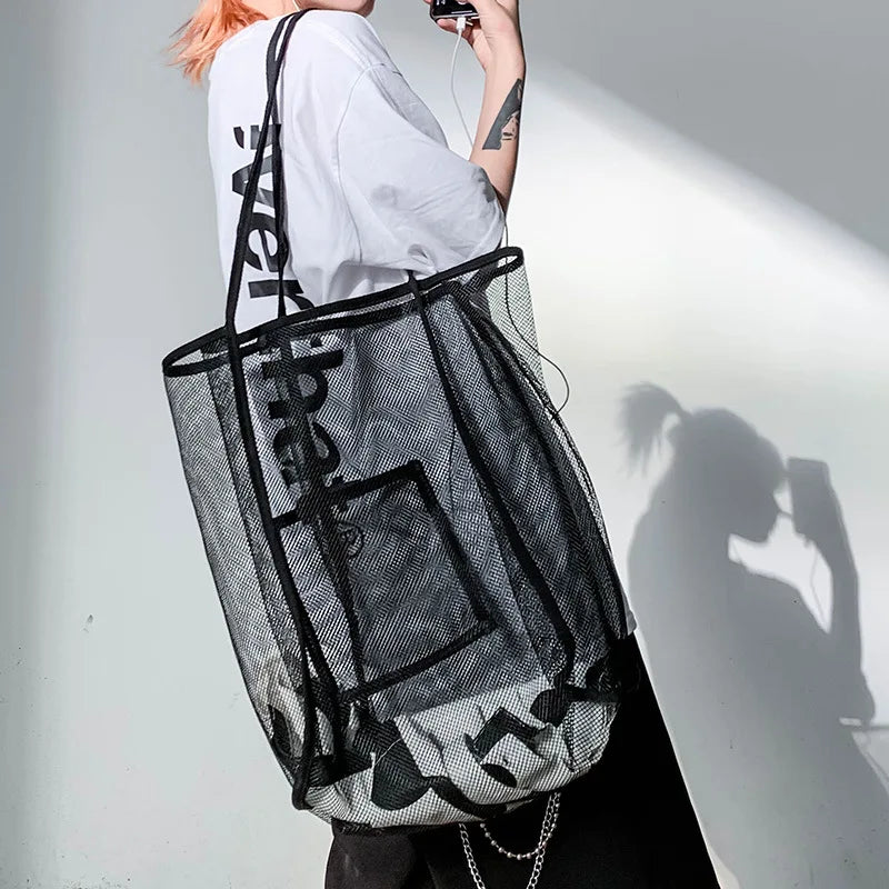 Mesh Shoulder Purse Large Capacity Beach Tote Bag with Long Handles