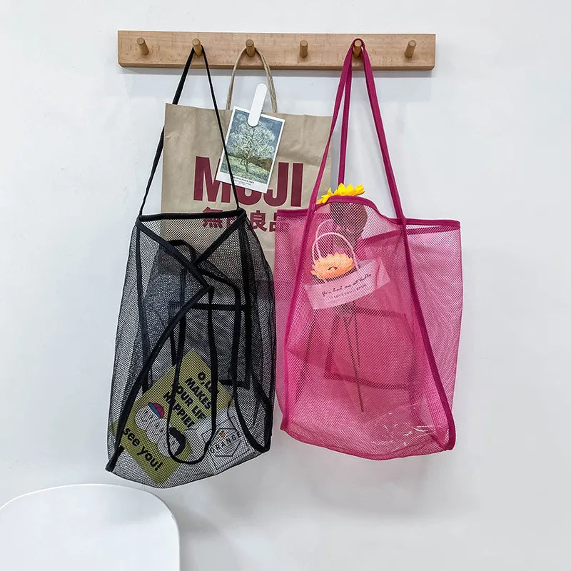 Mesh Shoulder Purse Large Capacity Beach Tote Bag with Long Handles