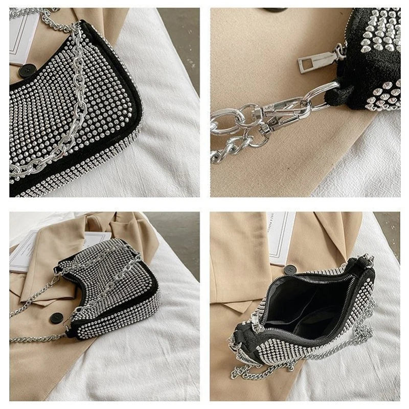 Rhinestone Silver Chain Shoulder Bag for Women