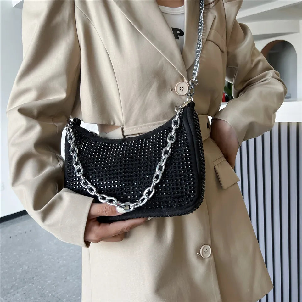 Rhinestone Silver Chain Shoulder Bag for Women