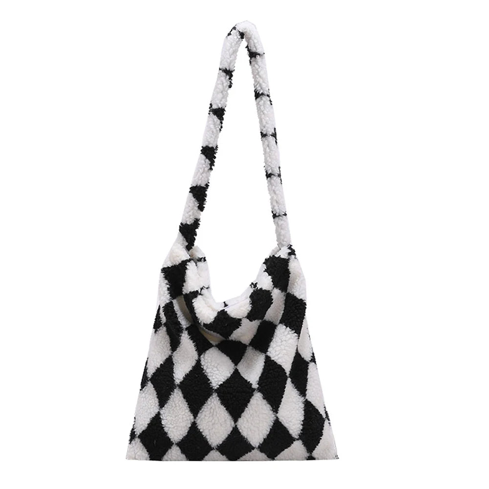 Plush Checkerboard Printing Pattern Underarm Bag Women Shoulder Bags