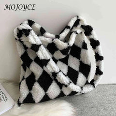 Plush Checkerboard Printing Pattern Underarm Bag Women Shoulder Bags