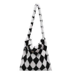 Plush Checkerboard Printing Pattern Underarm Bag Women Shoulder Bags