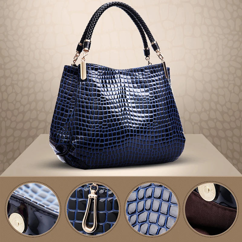 Women Crocodile Grain Patent Leather Handbags Large Capacity Shoulder Bag