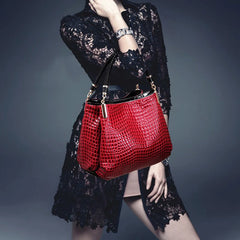 Women Crocodile Grain Patent Leather Handbags Large Capacity Shoulder Bag