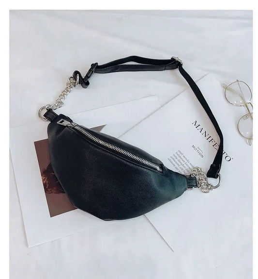 Women Solid Waist Fanny Pack PU Leather Money Belt Travel Bag