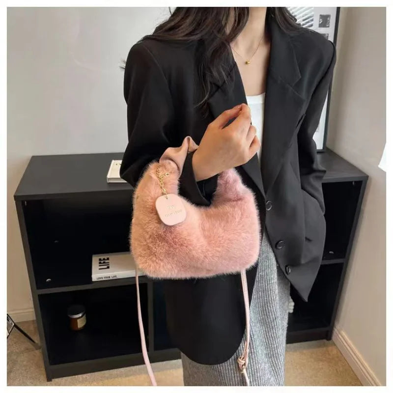 Faux Fur Handbags Small Lady Shoulder Bag Zipper Casual Tote