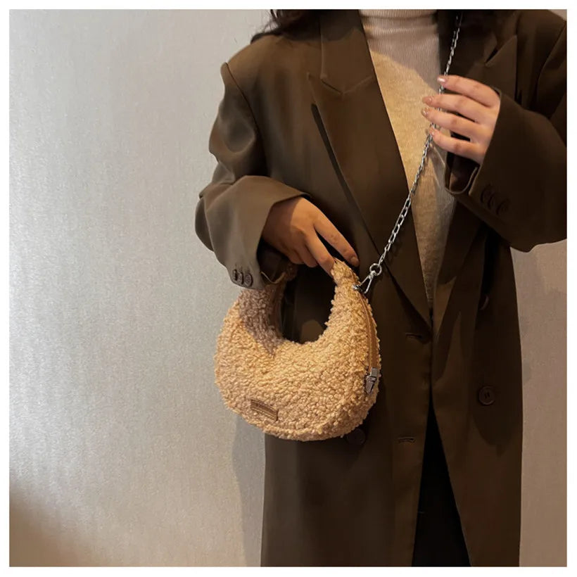 Faux Fur Lamb Wool Armpit Shoulder Bag Small Purse Underarm Bag