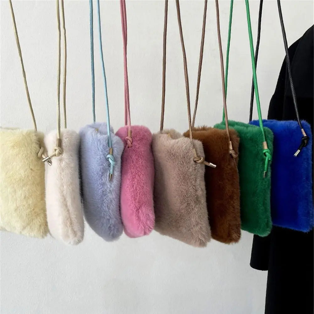 Women Faux Fur Mini Phone Bag Small Shoulder Bag Soft Plush Ladies Messenger Bag