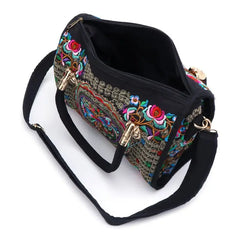Floral Embroidered Handbag Ethnic Canvas Shopping Tote Zipper Bag