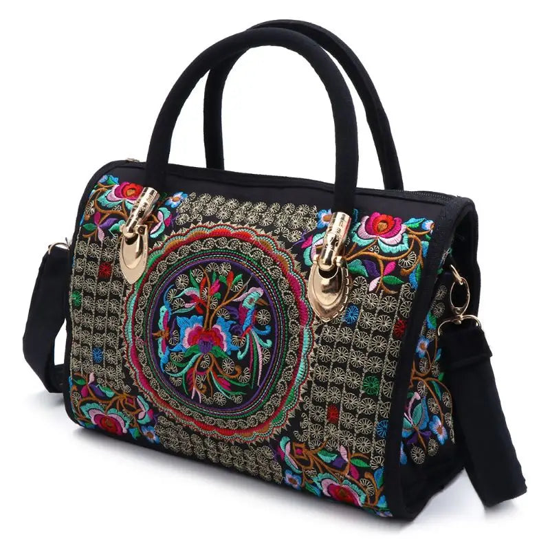 Floral Embroidered Handbag Ethnic Canvas Shopping Tote Zipper Bag