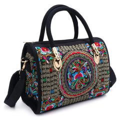 Floral Embroidered Handbag Ethnic Canvas Shopping Tote Zipper Bag