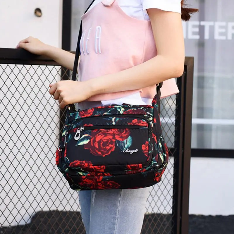 Floral Nylon Shoulder Crossbody Bag Zipper Messenger Satchel Tote Purse