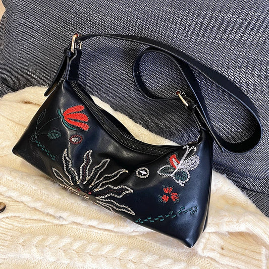Women Flower Embroidery Bag Soft Pu leather Shoulder Crossbody Bags