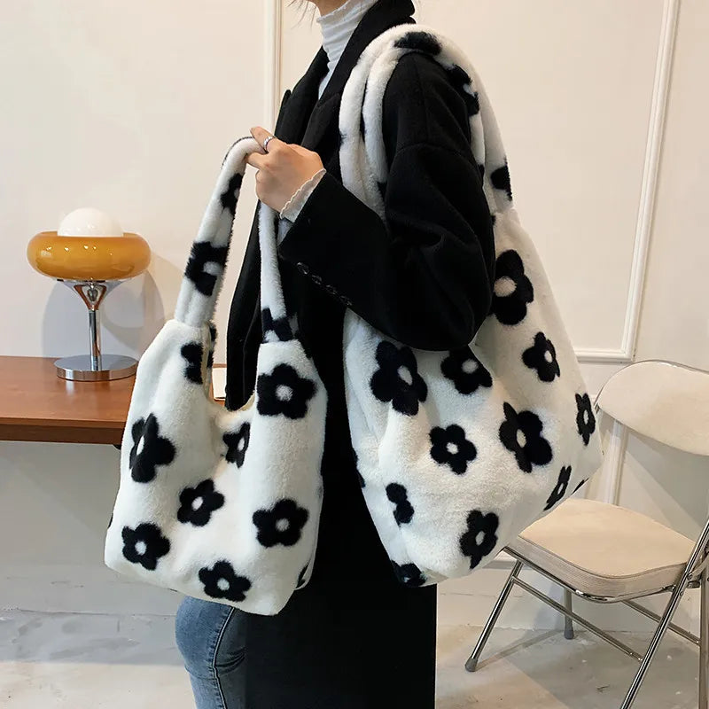 Flower Plush Handbags Lady Shoulder Clutch Purses Large Bags