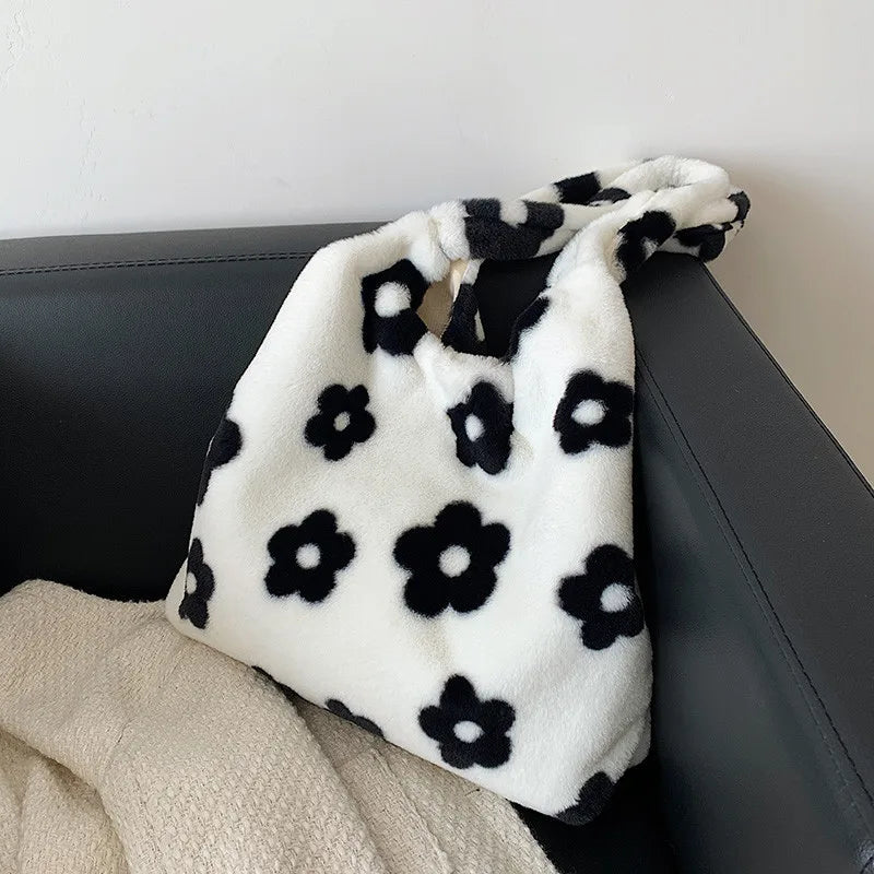 Flower Plush Handbags Lady Shoulder Clutch Purses Large Bags