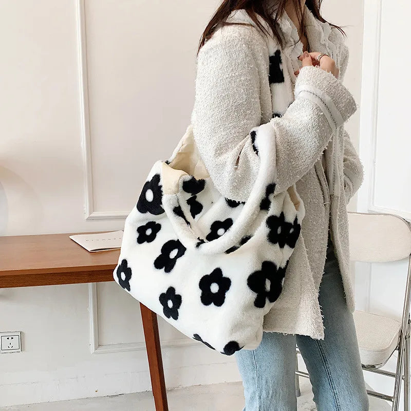 Flower Plush Handbags Lady Shoulder Clutch Purses Large Bags