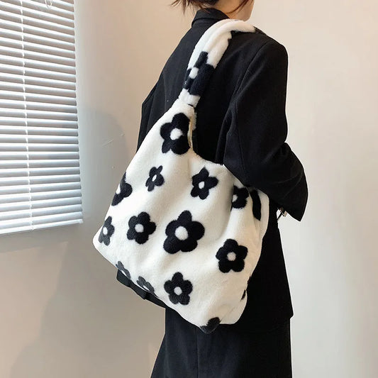 Flower Plush Handbags Lady Shoulder Clutch Purses Large Bags