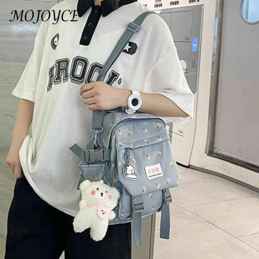 Women Flowers Backpack with Pendant Floral School Bag Multi-purpose
