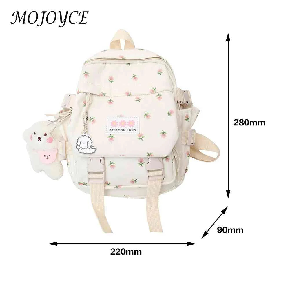 Women Flowers Backpack with Pendant Floral School Bag Multi-purpose