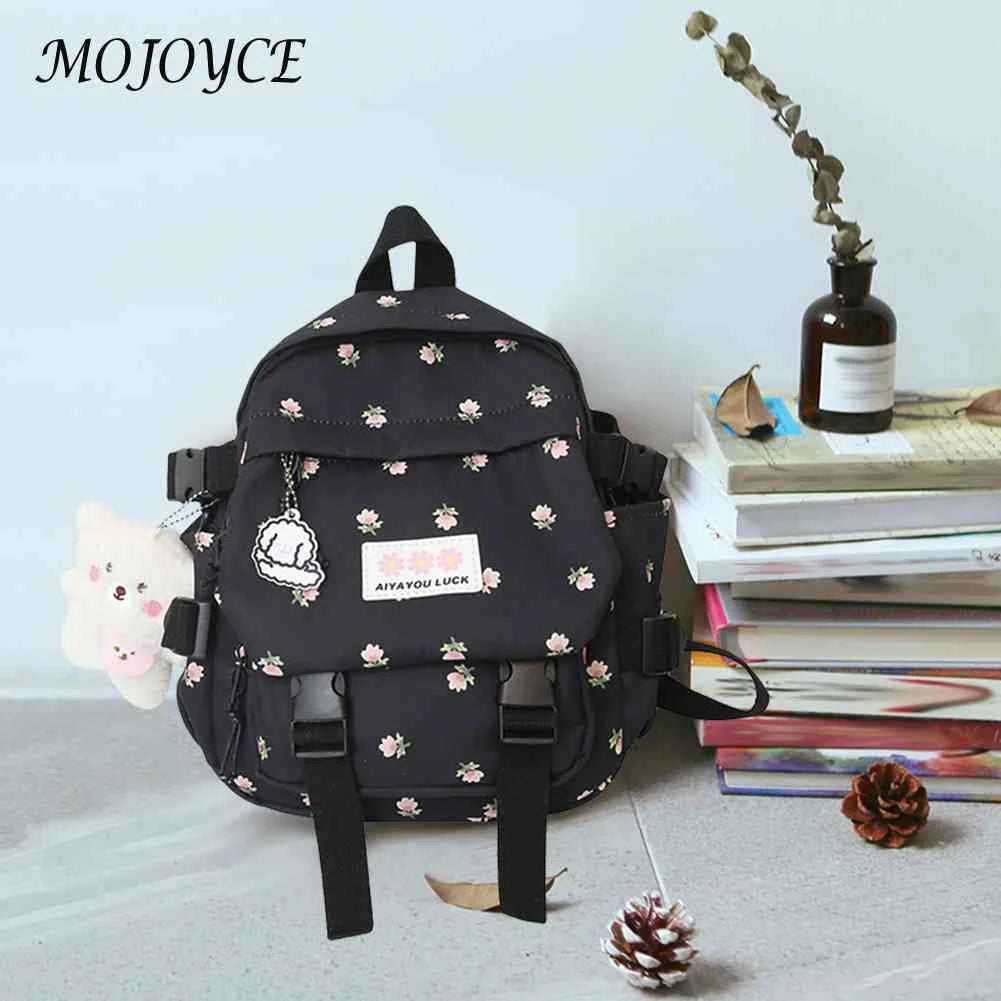 Women Flowers Backpack with Pendant Floral School Bag Multi-purpose
