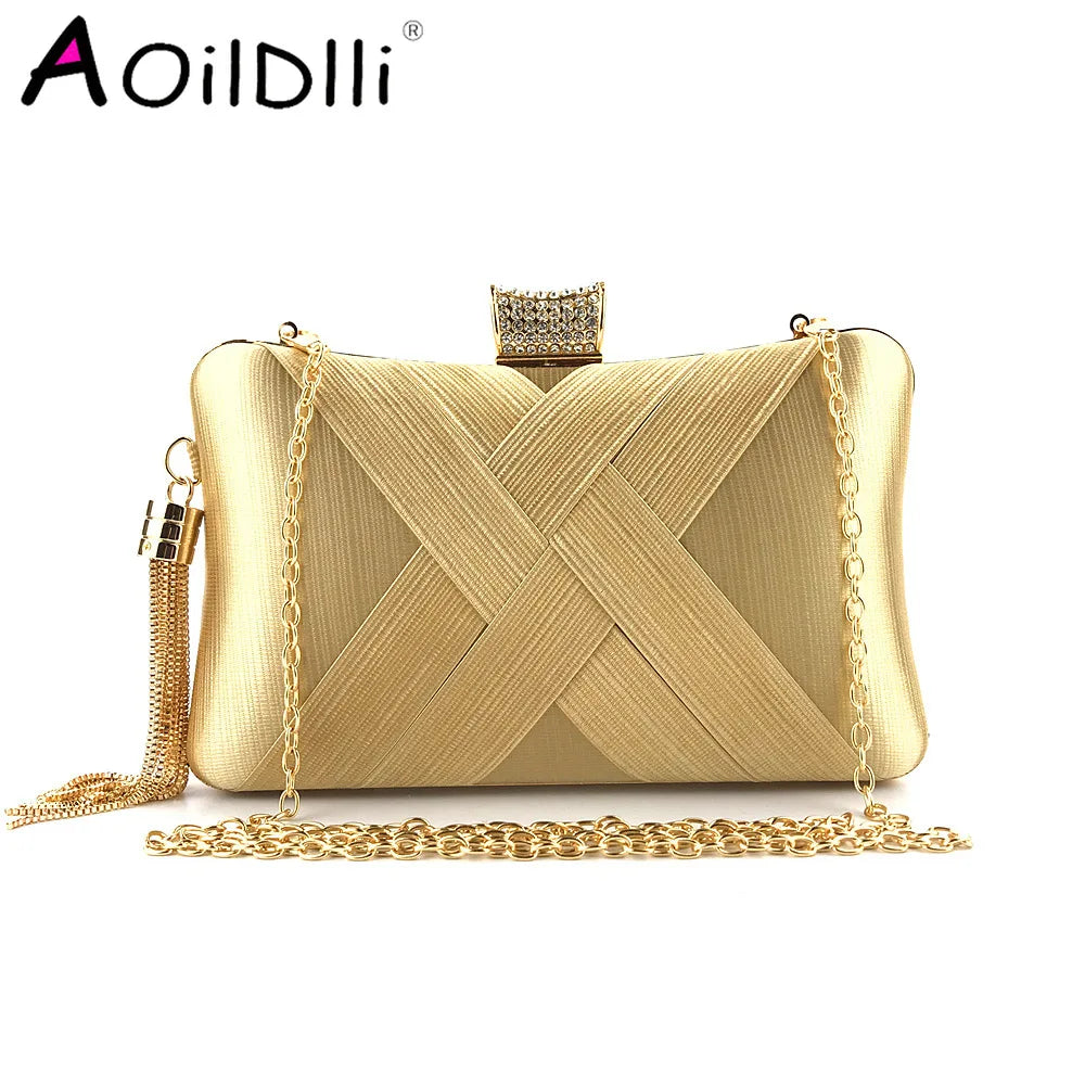Women Fold Evening Clutch Bags Diamond Bow Banquet Purse With Chains