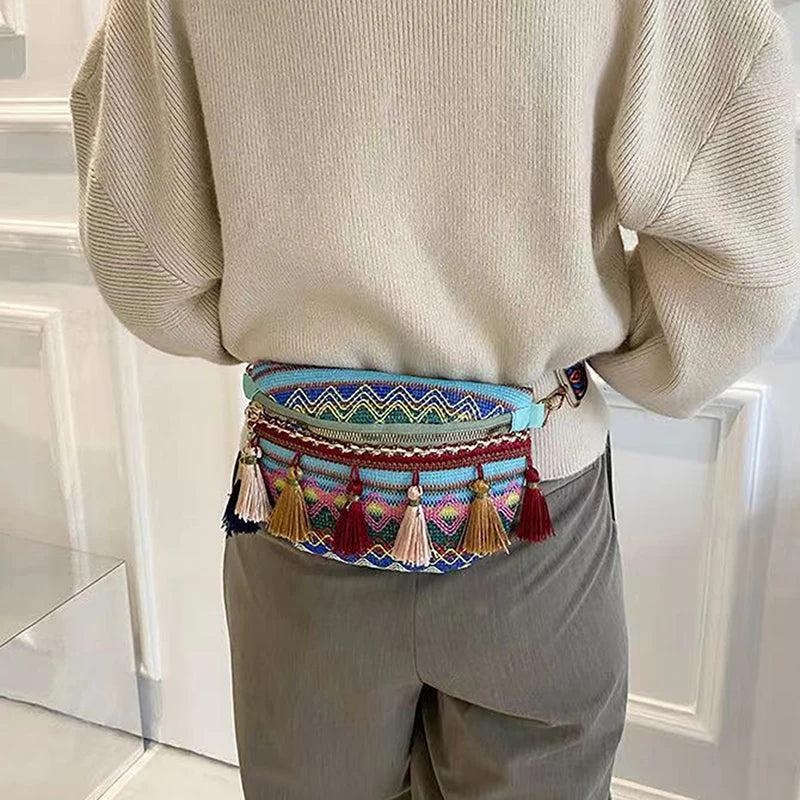 Variegated Waist Bag with Fringe Decor