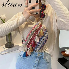 Variegated Waist Bag with Fringe Decor