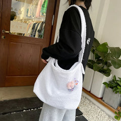 Cartoon Plush Shoulder Bag Large Capacity Messenger Satchel Tote Bookbag