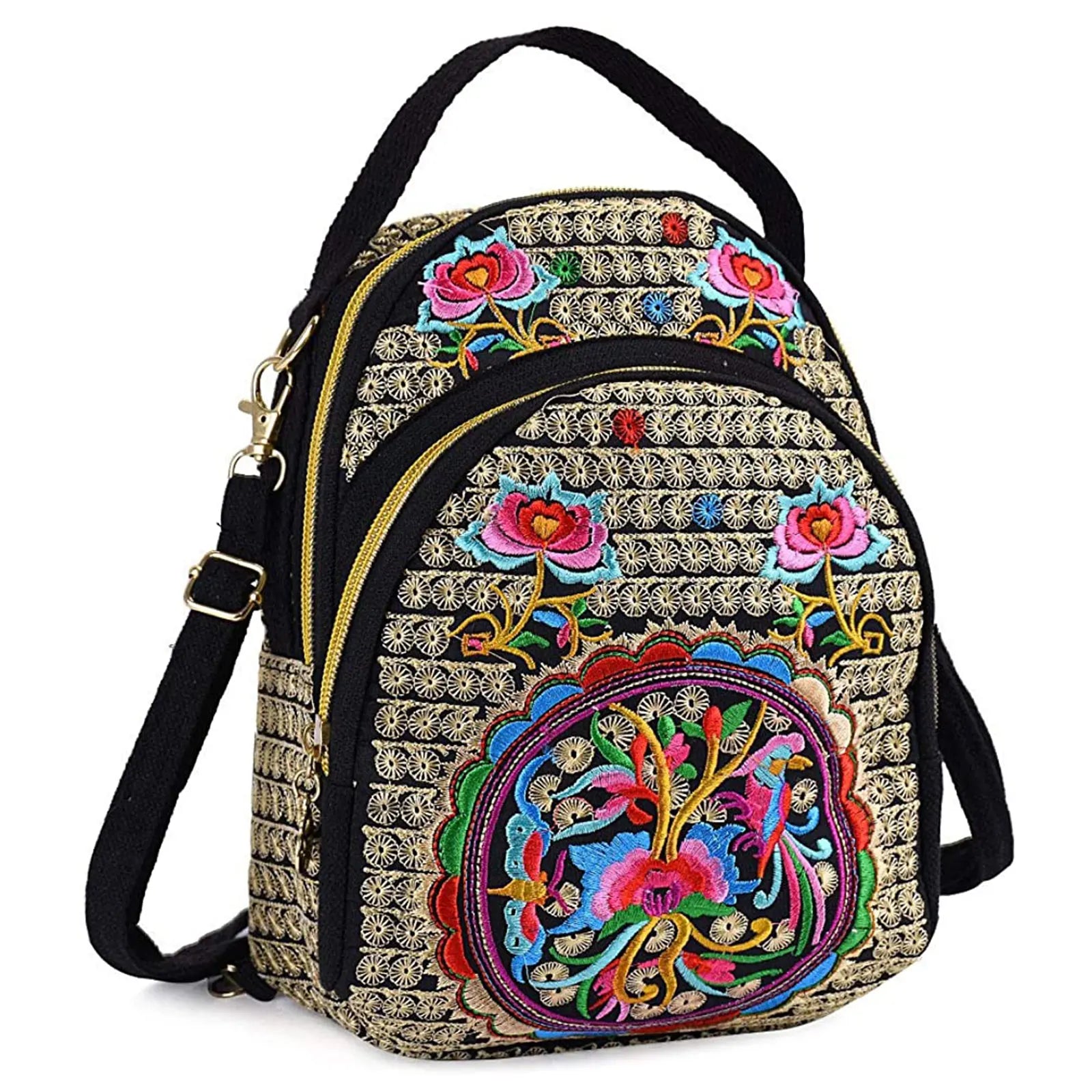 Vintage Mini Crossbody Backpack Embroidered Flower Zipper Bag