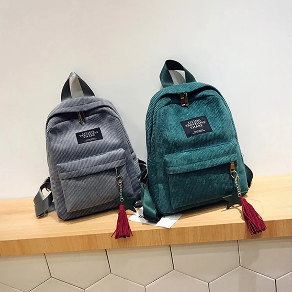 Striped School Backpack for Teenage Girls Tassel Shoulder Bag