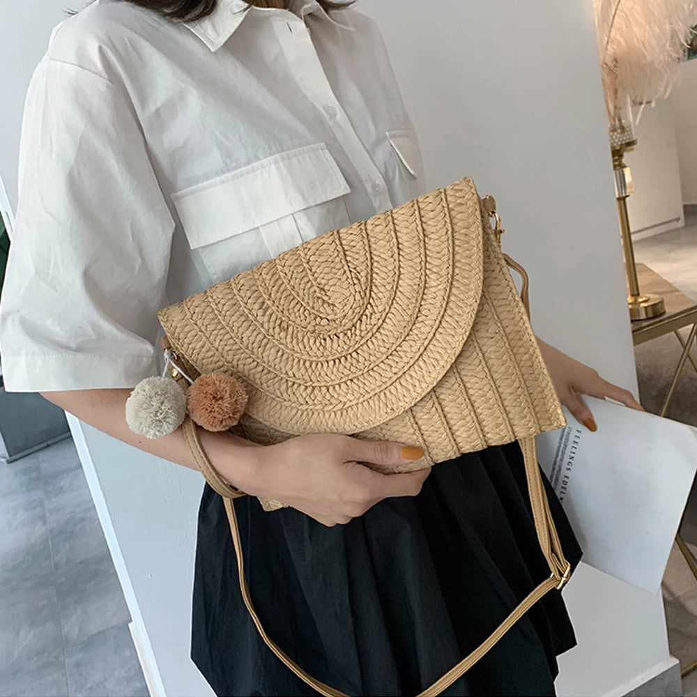 Women Crossbody Envelope Bag Straw Handbag Clutch Shoulder Beach Bag