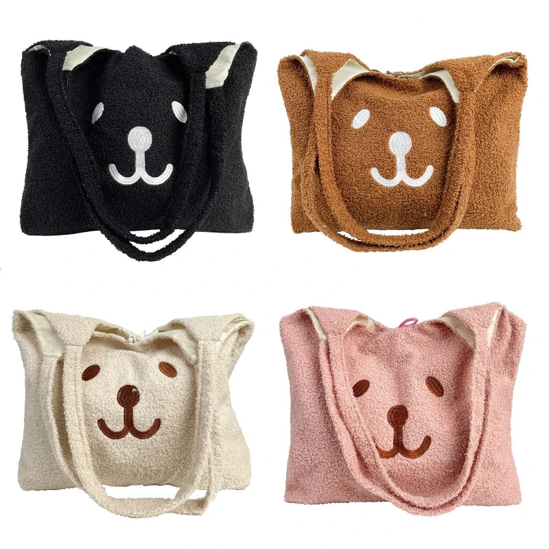 Plush Bear Tote Shoulder Bag Embroidery Satchel Shopping Bag