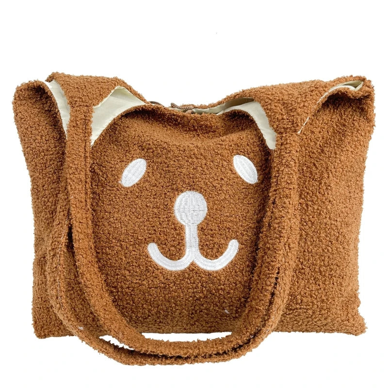 Plush Bear Tote Shoulder Bag Embroidery Satchel Shopping Bag
