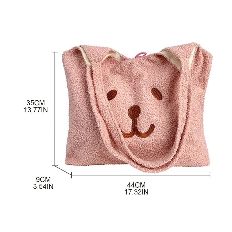Plush Bear Tote Shoulder Bag Embroidery Satchel Shopping Bag