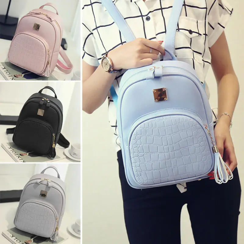 Women Girls School Bag PU Leather Anti-Theft Backpack Rucksack
