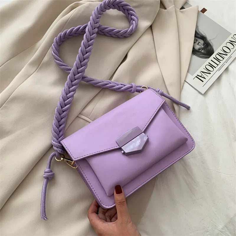 Small Crossbody Bag Solid PU Leather Shoulder Braided Strap Pink Yellow