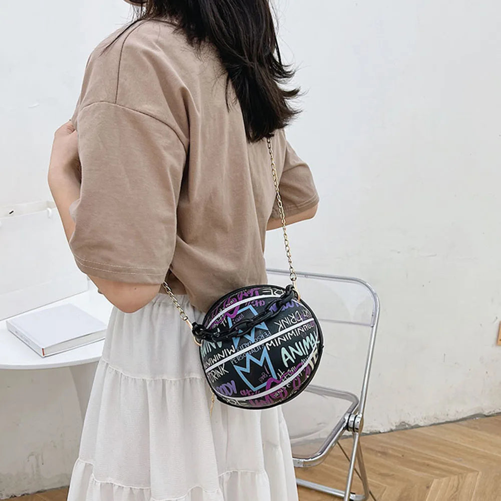 Women Graffiti Chain Bags Basketball Shoulder Ladies PU Leather Handbags