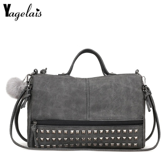 Women Rivets Fur Ball Pendant Handbag Shoulder Bag