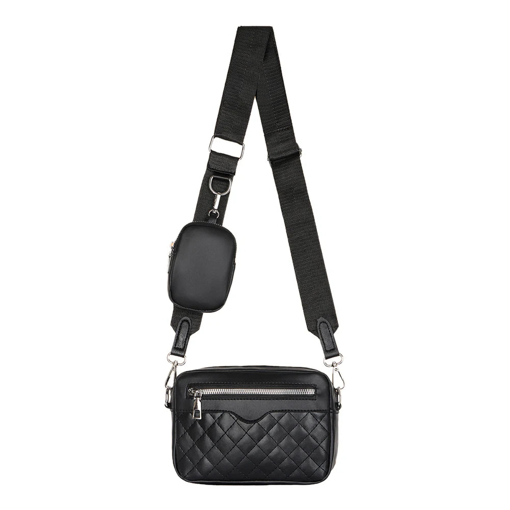 Leather Hand Crossbody Bag with Rhombus Pattern and Small Purse