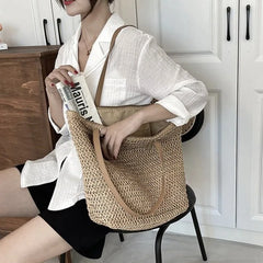 Women Straw Handbag Big Capacity Drawstring Beach Shoulder Bag