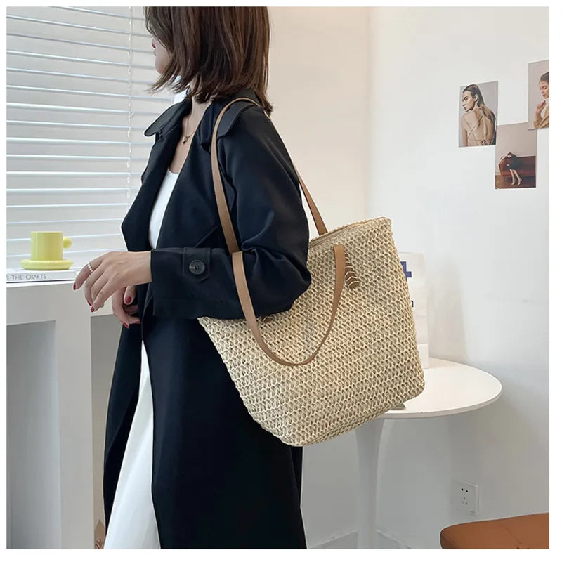 Women Straw Handbag Big Capacity Drawstring Beach Shoulder Bag