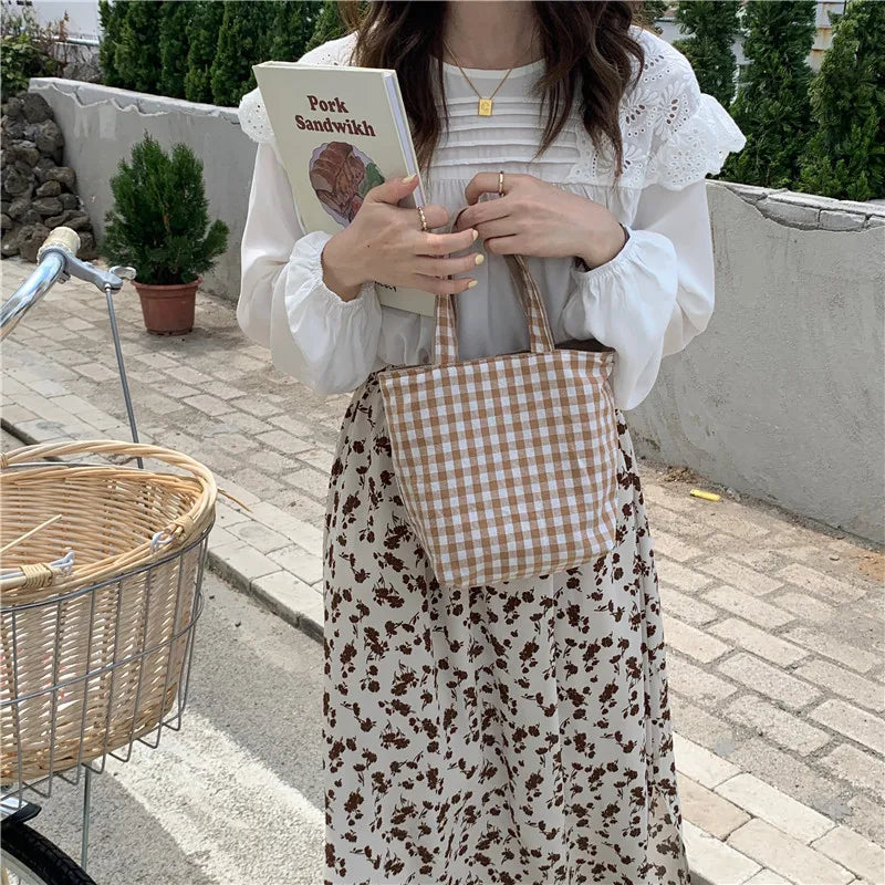 Canvas Grid Bag Female Storage Bucket Eco Tote