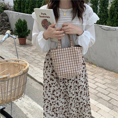 Canvas Grid Bag Female Storage Bucket Eco Tote