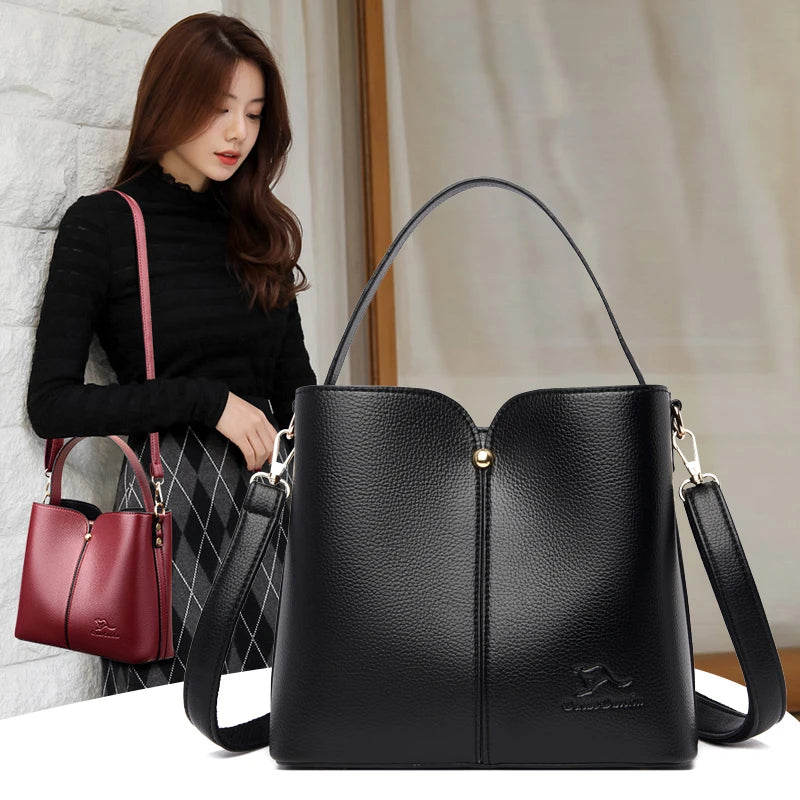 Soft Leather Bucket Tote Bag for Women