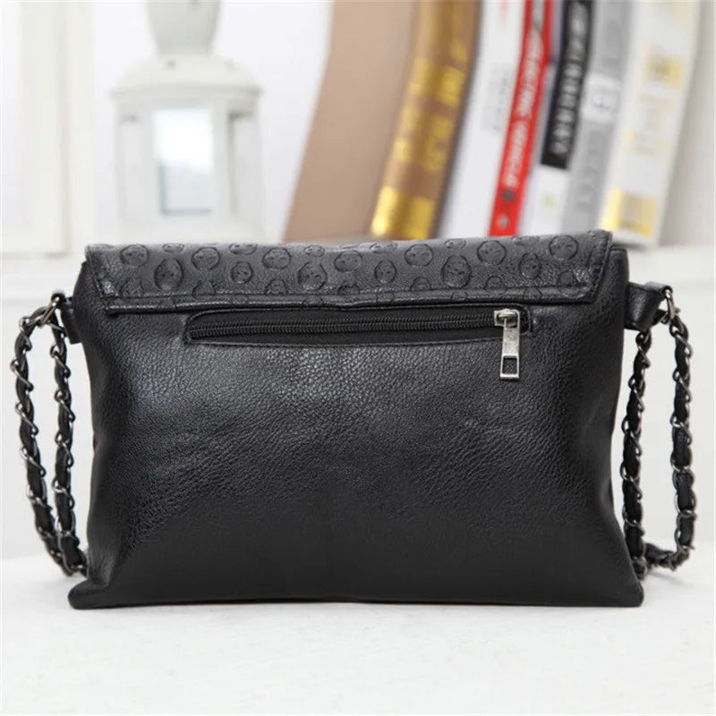 Skull Skeleton Chain Lady Tote Shoulder Bucket Bag PU Leather Crossbody Bags
