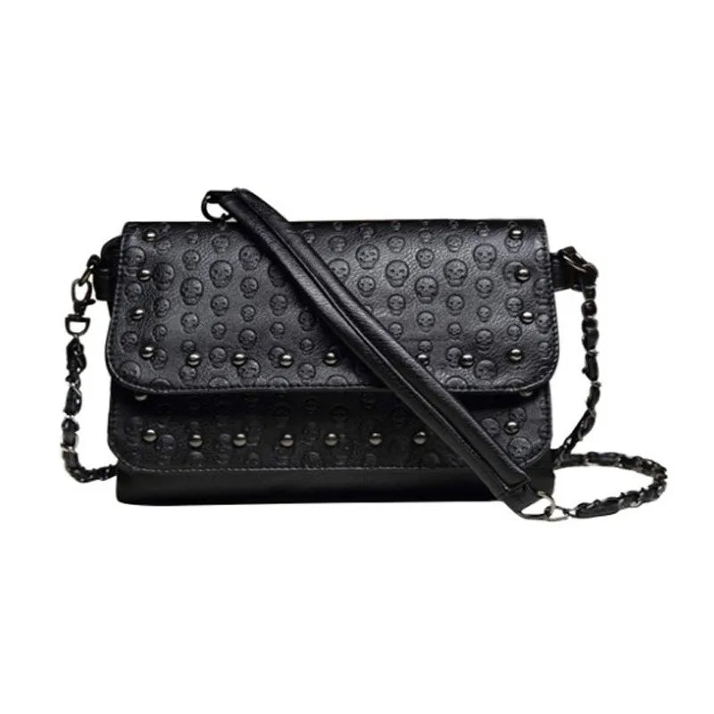Skull Skeleton Chain Lady Tote Shoulder Bucket Bag PU Leather Crossbody Bags