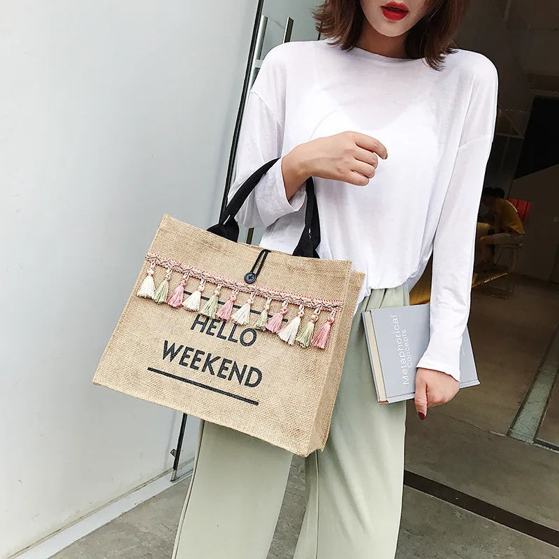 Women Large Capacity Linen Tote Bag with Tassel Shoulder Strap